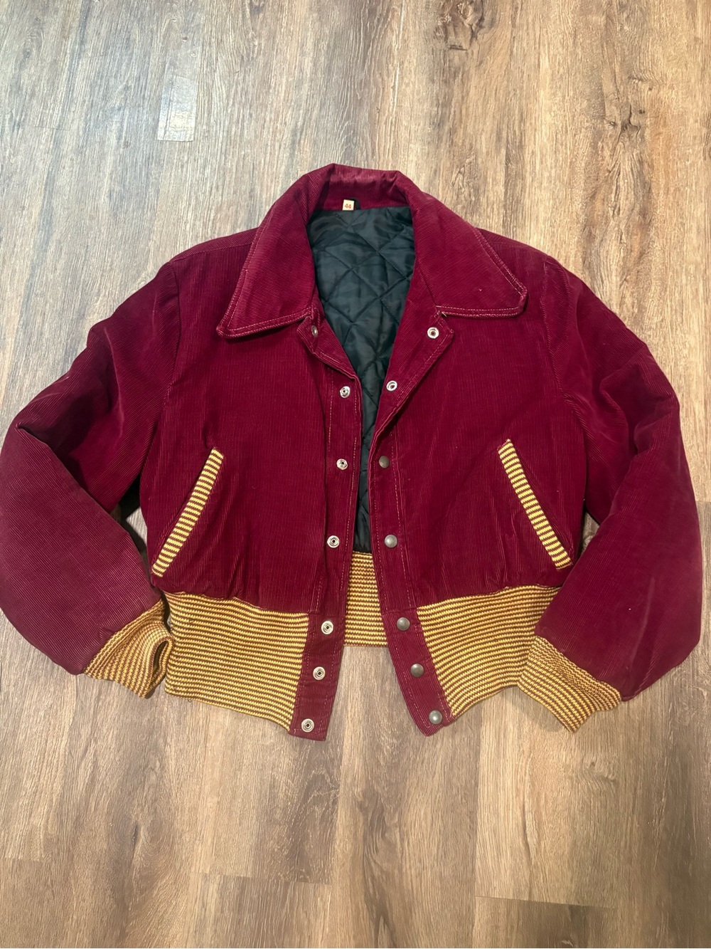 Vintage Unisex Varsity Burgundy Corduroy Bomber Jacket with Gold Trim - Picture 9 of 13